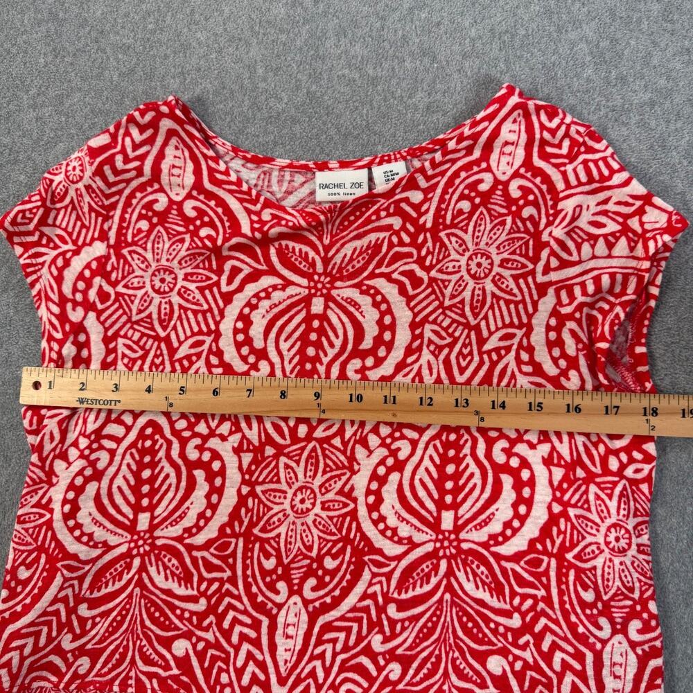 Rachel Zoe Linen Tee Shirt Women's Medium Button Side Red/White Print - Picture 6 of 8